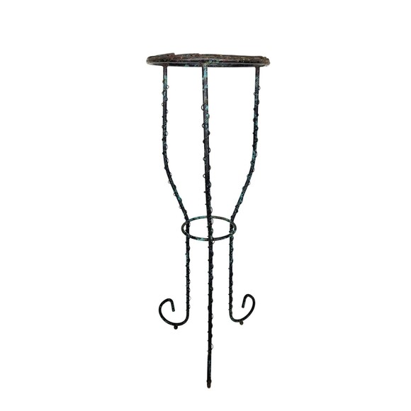 VTG Wrought Iron Twisted Scroll Ball Foot Pedestal Plant Stand Black Turquoise - Picture 5 of 13